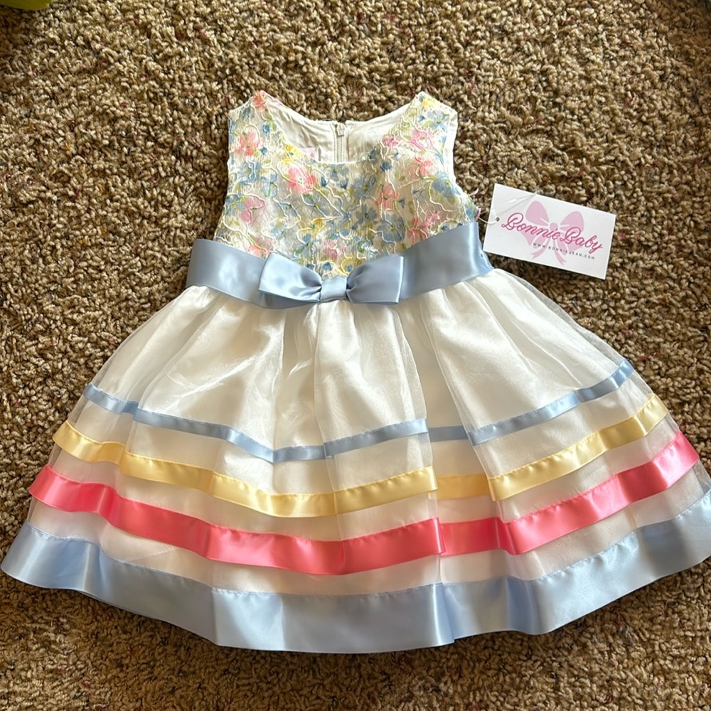 Baby Girl Easter Dress, White with pinks, yellows, and blues
